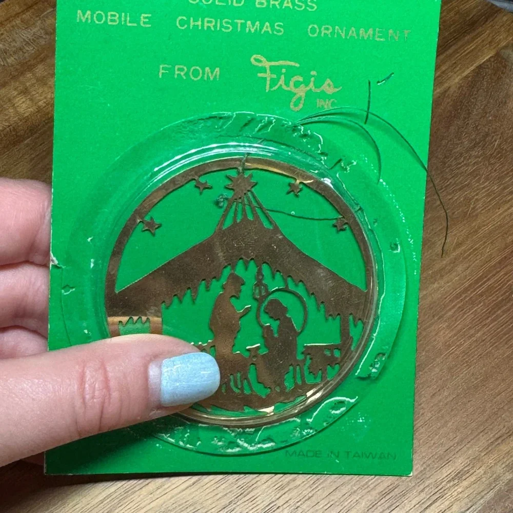 Vintage Figis Inc Solid Brass Nativity Scene Christmas Ornament Gold Tone 3in